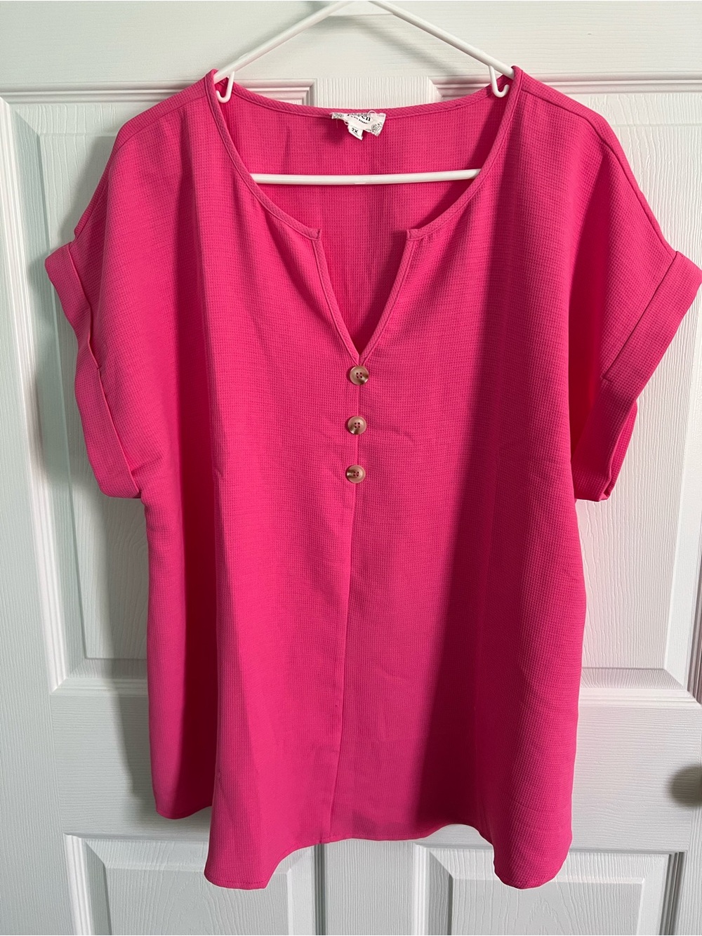 Bright Pink V-Neck Short Sleeve Button Front Blouse